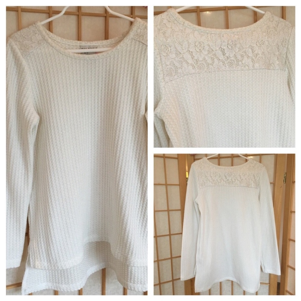 Max Studio Kids Long Sleeve Waffle Weave Cream/Gold Lace Top SZ M (10-12)